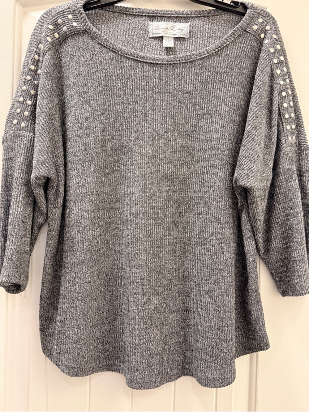 French Laundry Gray Crewneck Sweater with Pearl Shoulder Detail